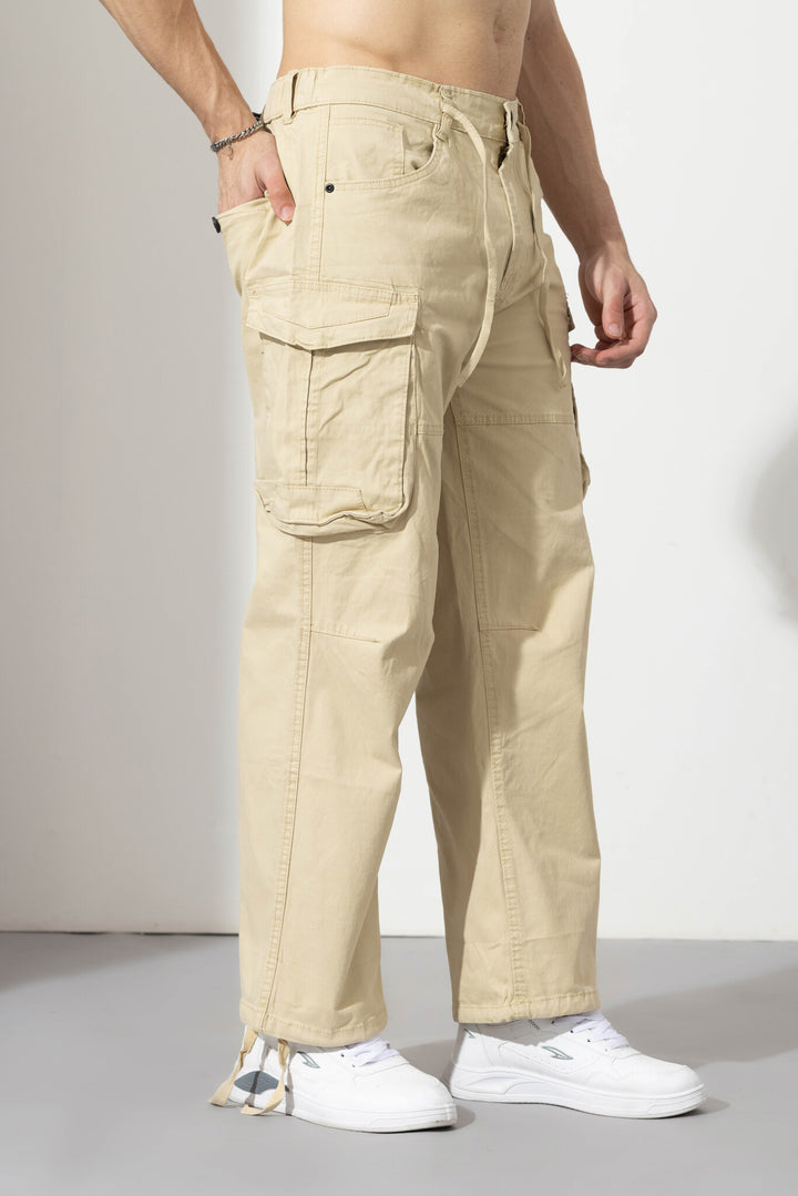 Cream Drawstring Closure Multi Pocket Cargo Pants
