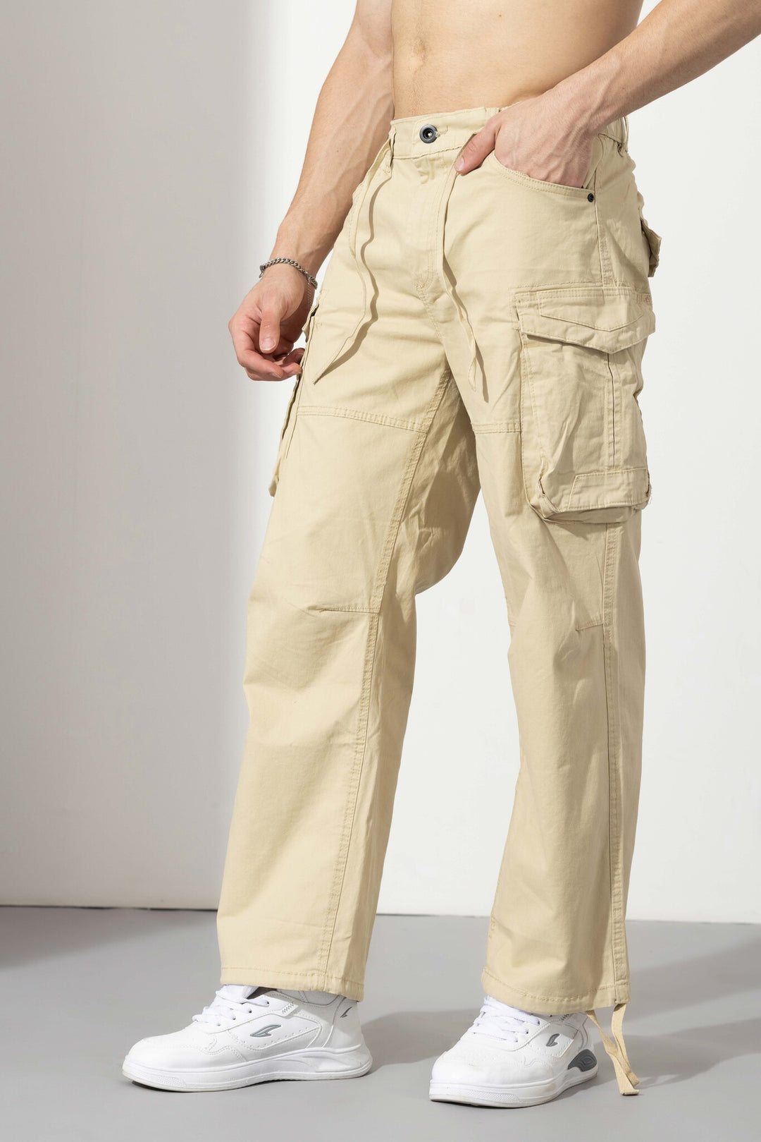 Cream Drawstring Closure Multi Pocket Cargo Pants