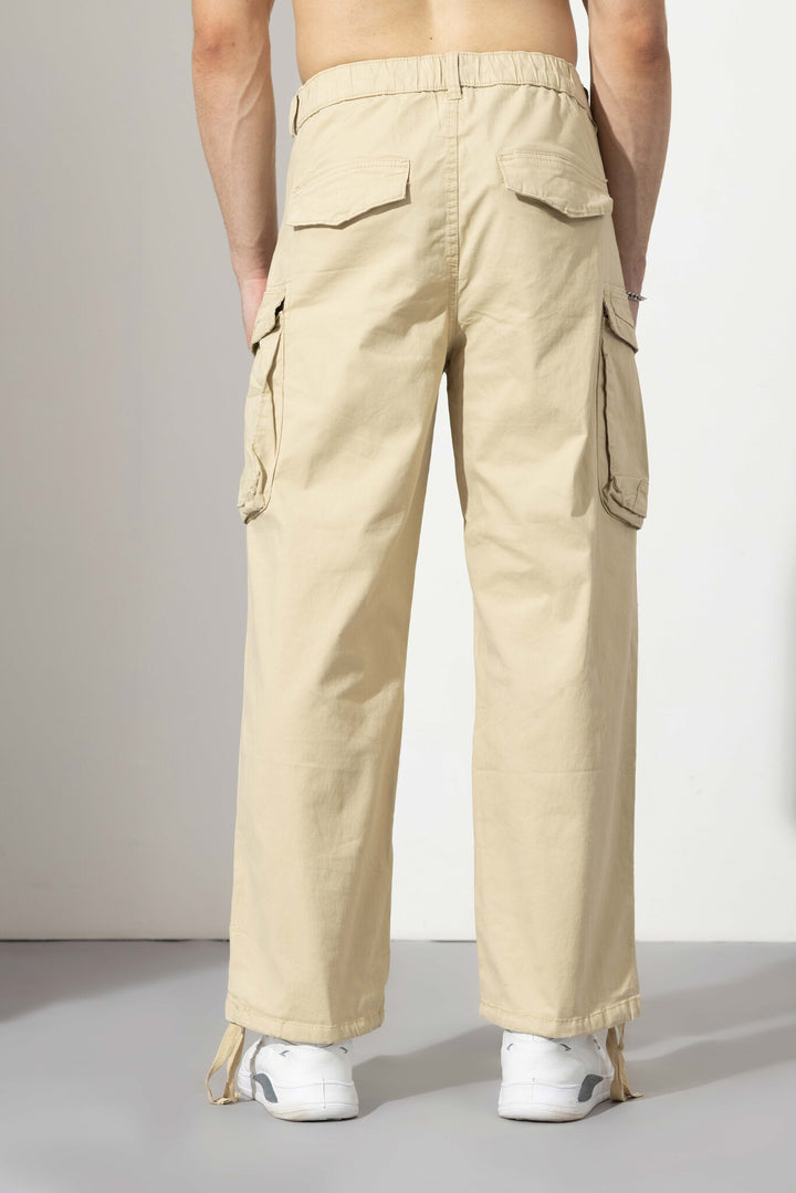 Cream Drawstring Closure Multi Pocket Cargo Pants
