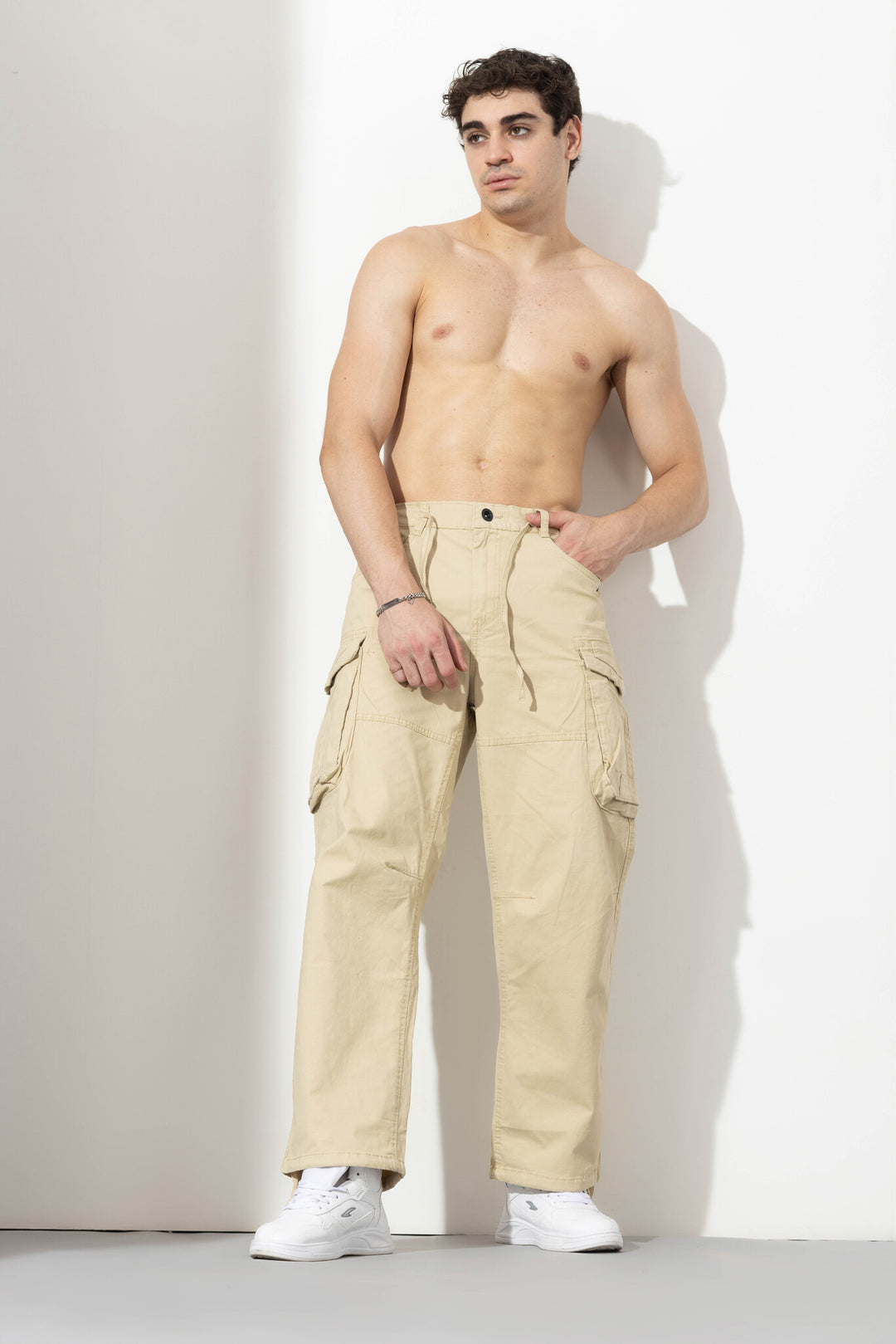 Cream Drawstring Closure Multi Pocket Cargo Pants