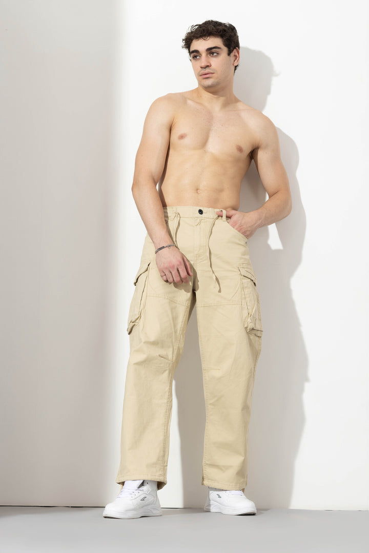 Cream Drawstring Closure Multi Pocket Cargo Pants