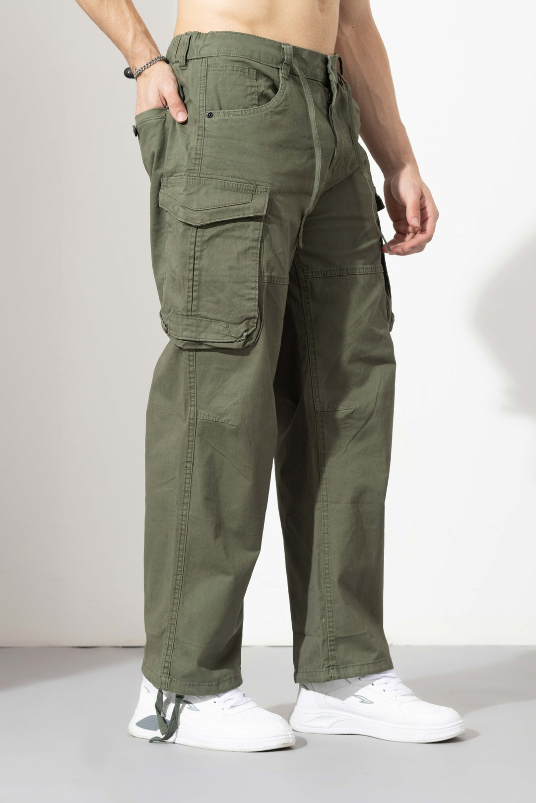 Olive Drawstring Closure Multi Pocket Cargo Pants