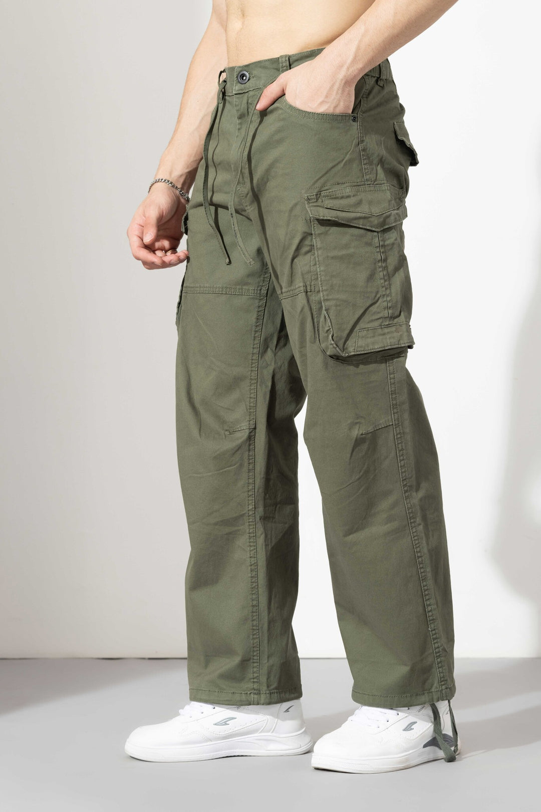Olive Drawstring Closure Multi Pocket Cargo Pants