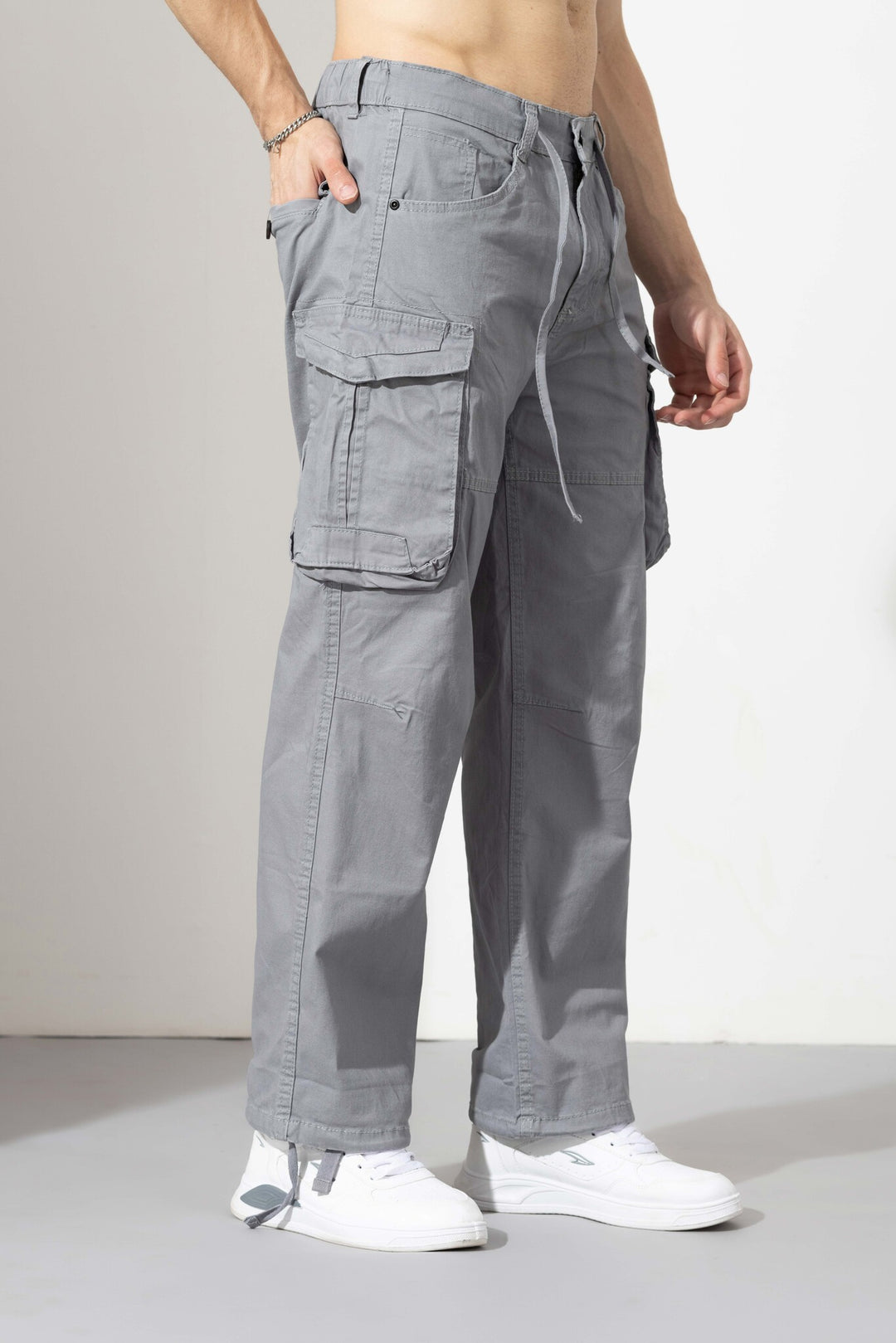 Light Grey Drawstring Closure Multi Pocket Cargo Pants