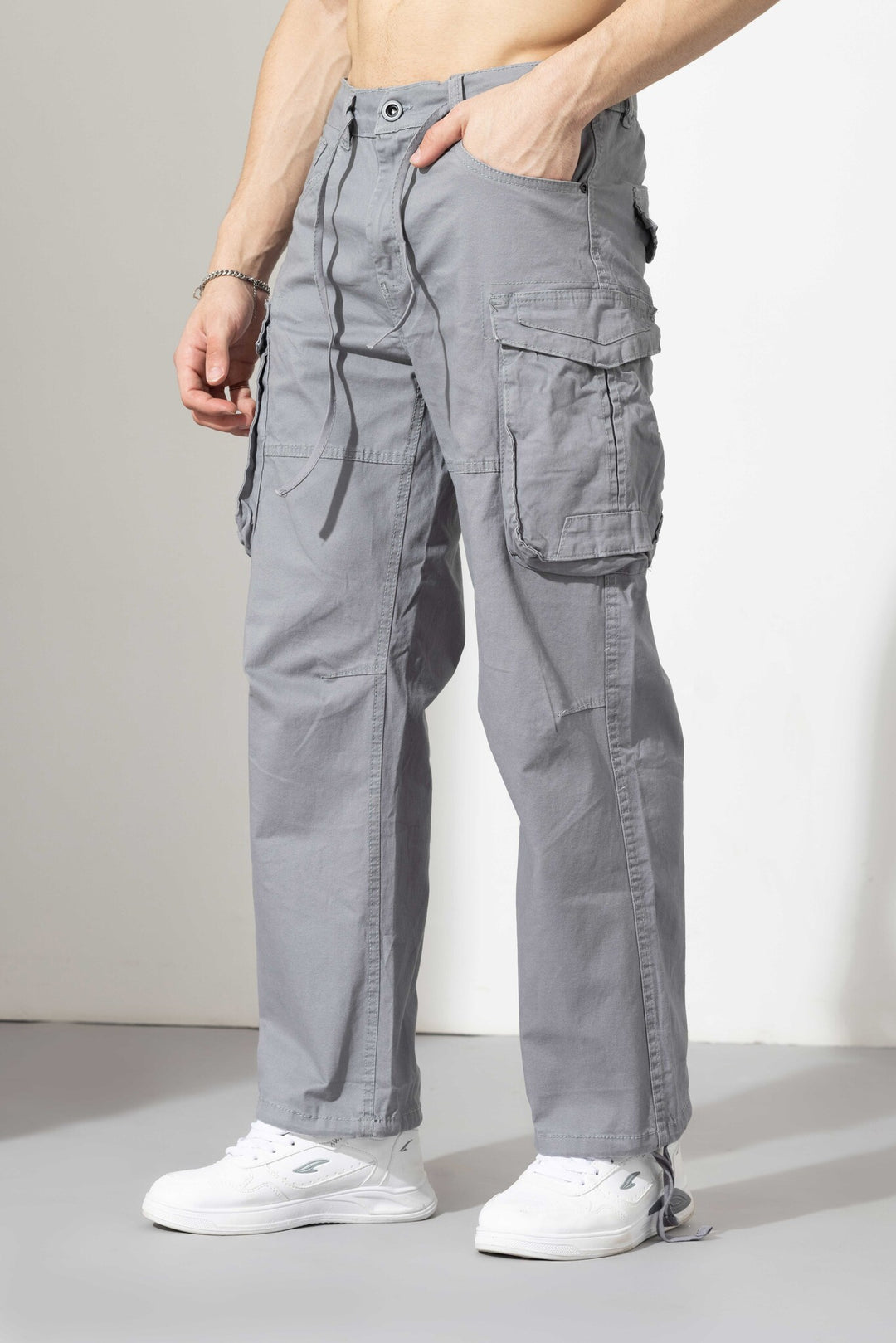 Light Grey Drawstring Closure Multi Pocket Cargo Pants