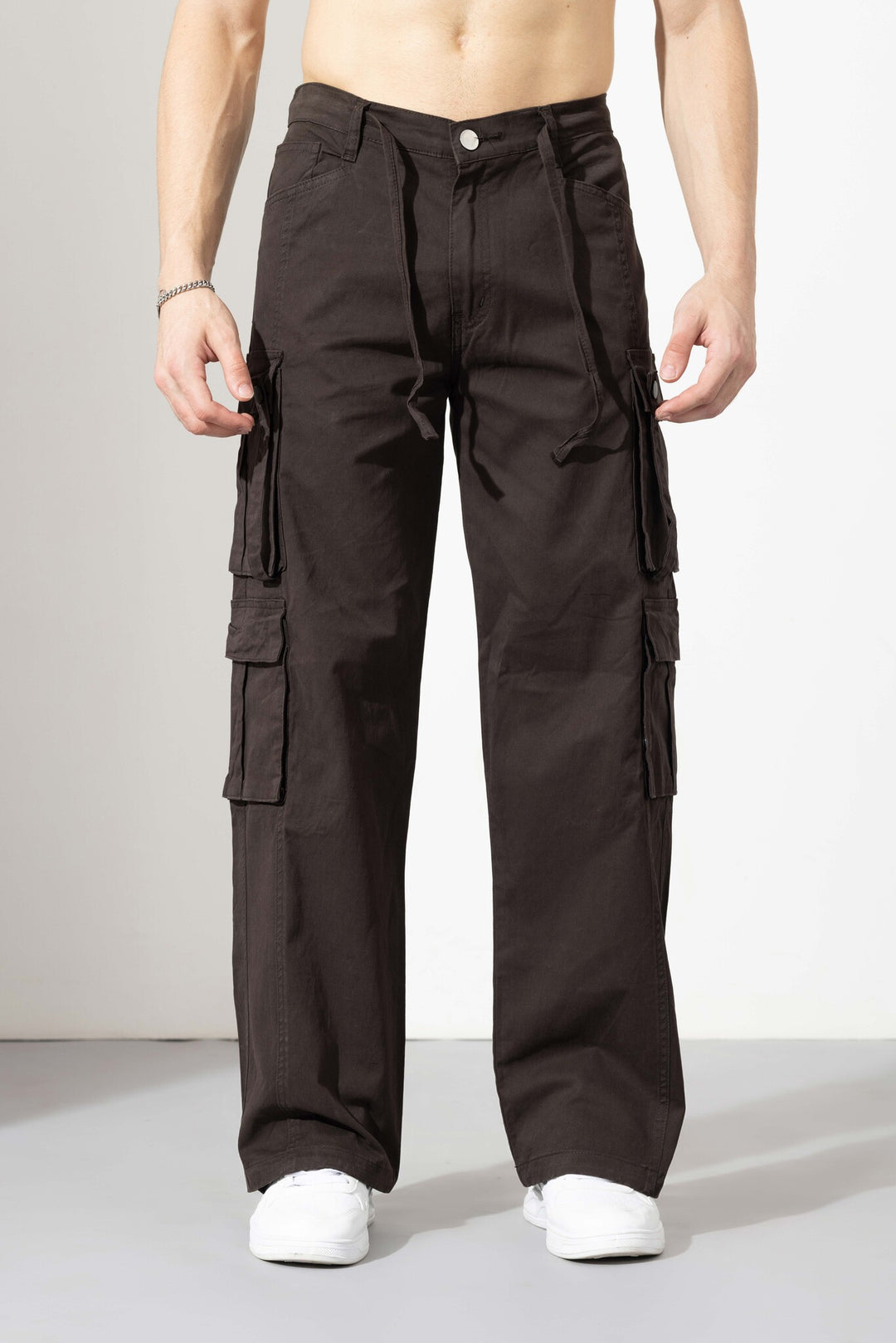 Brown Men Drawstring Cotton Cargo Pant