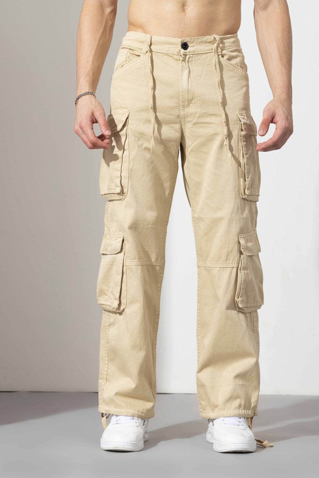 Men Elasticated Waist Drawstring Closure Cargo Pant