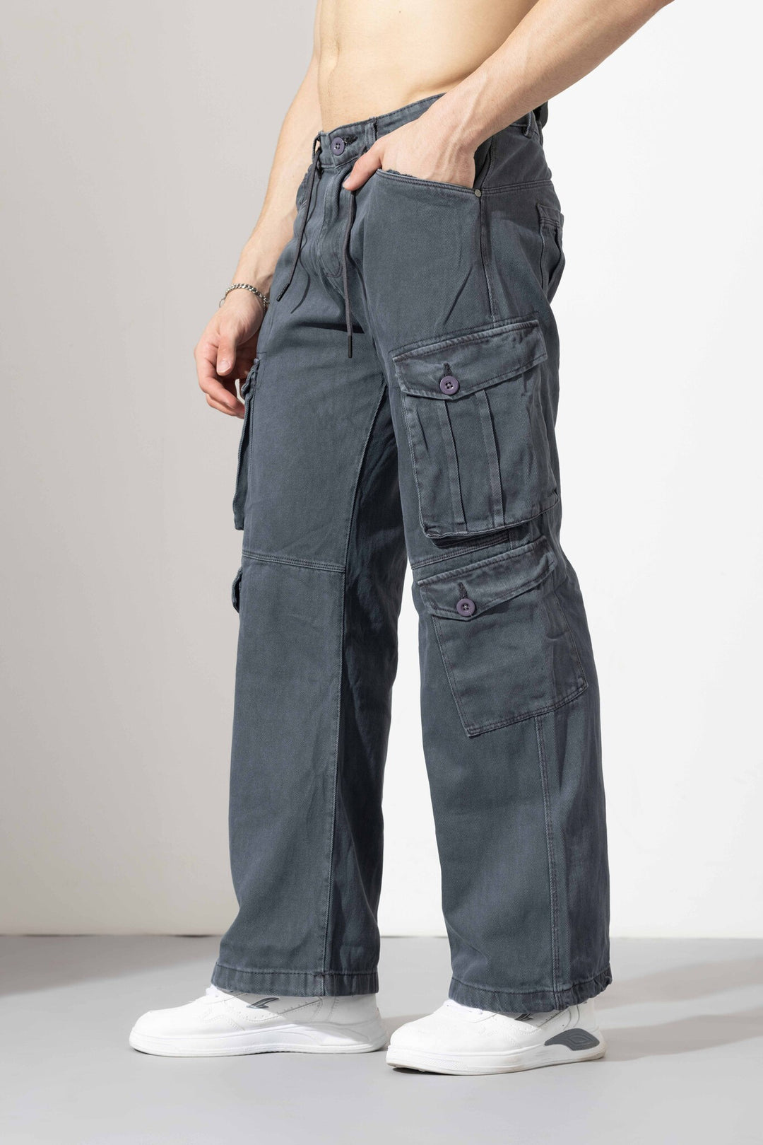 S grey Drawstring Closure Multi Pocket Cargo Pants