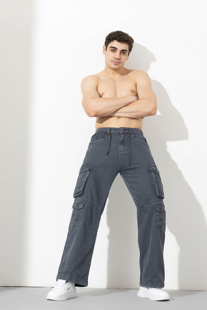S grey Drawstring Closure Multi Pocket Cargo Pants