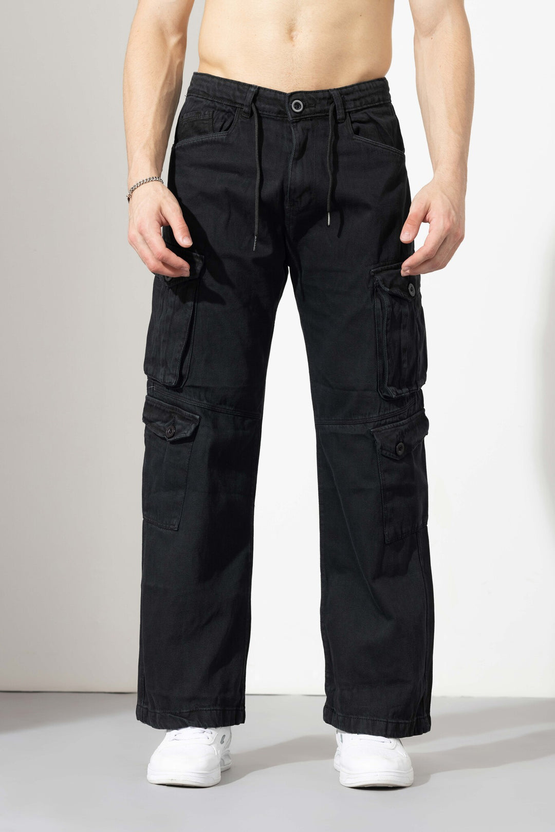 Black Drawstring Closure Multi Pocket Cargo Pants