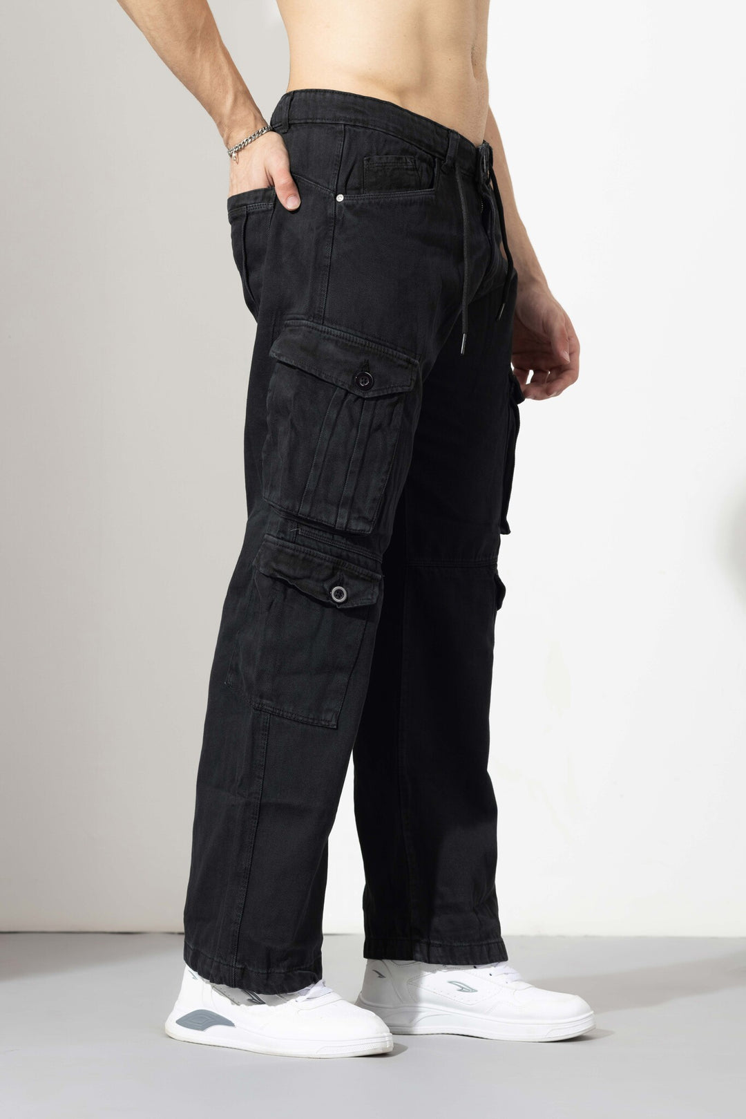 Black Drawstring Closure Multi Pocket Cargo Pants