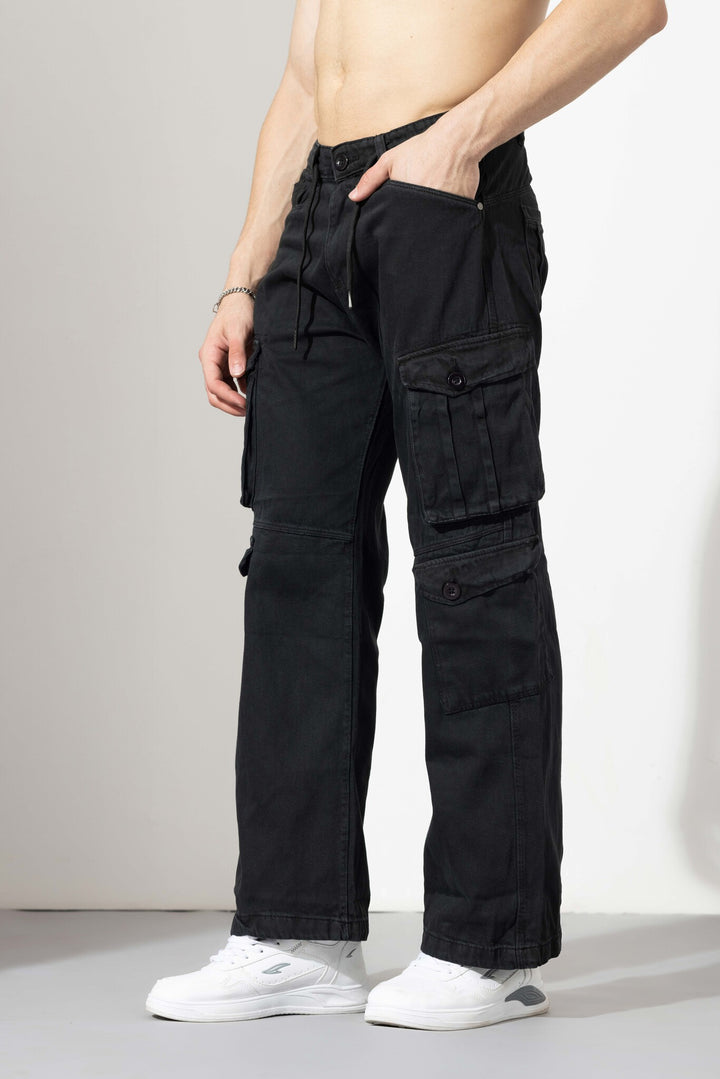 Black Drawstring Closure Multi Pocket Cargo Pants