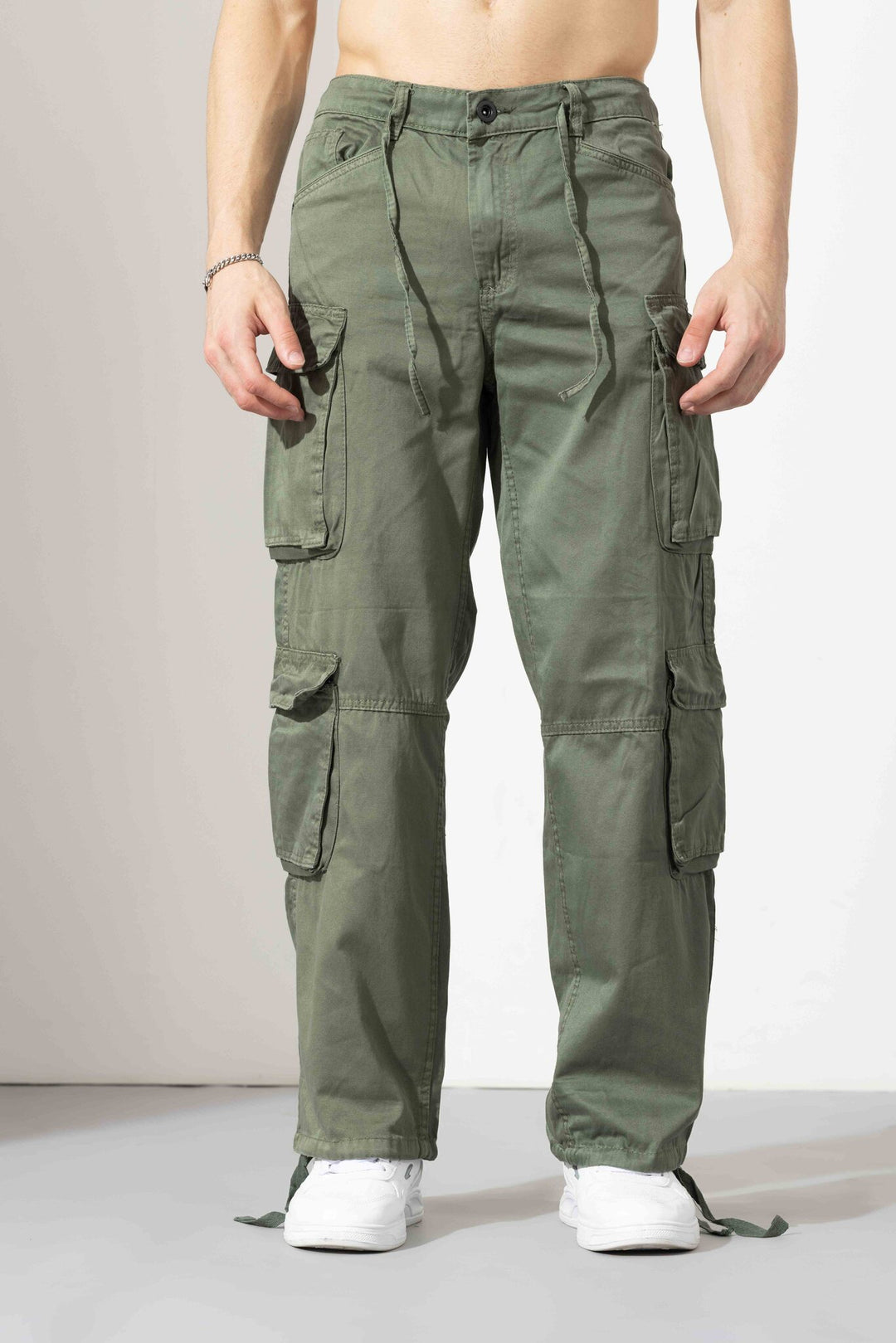 Olive Green Men Elasticated Waist Drawstring Closure Cargo Pant