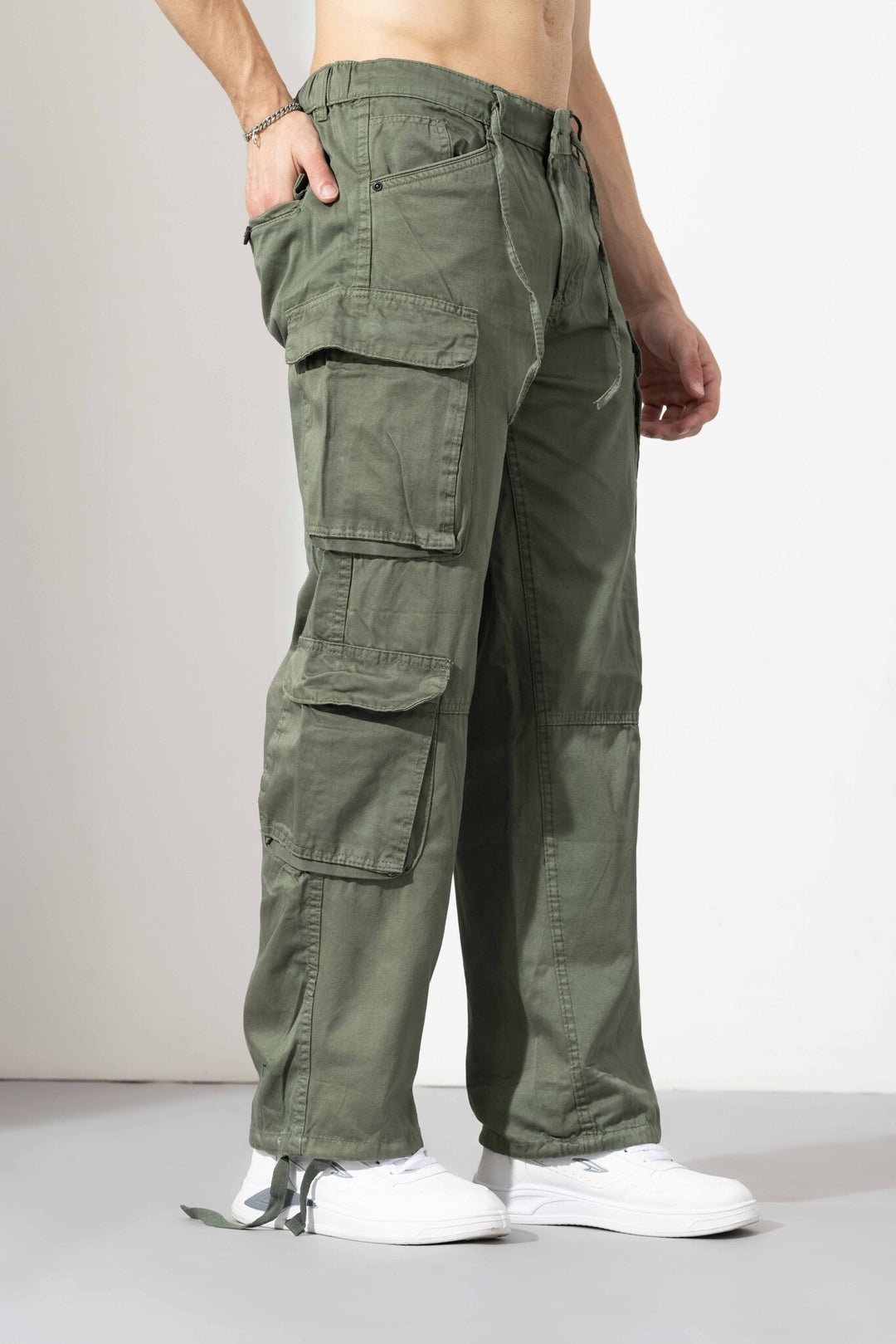 Olive Green Men Elasticated Waist Drawstring Closure Cargo Pant