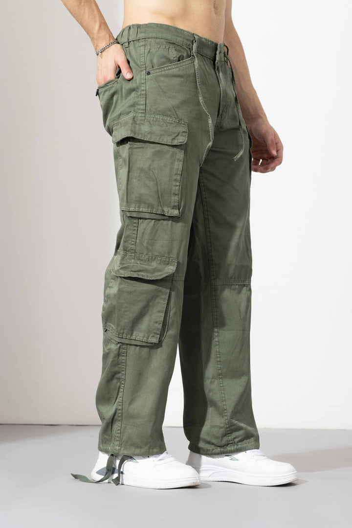 Olive Green Men Elasticated Waist Drawstring Closure Cargo Pant