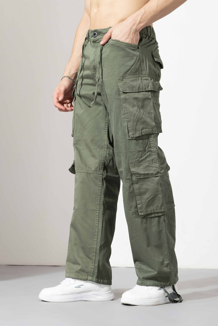 Olive Green Men Elasticated Waist Drawstring Closure Cargo Pant