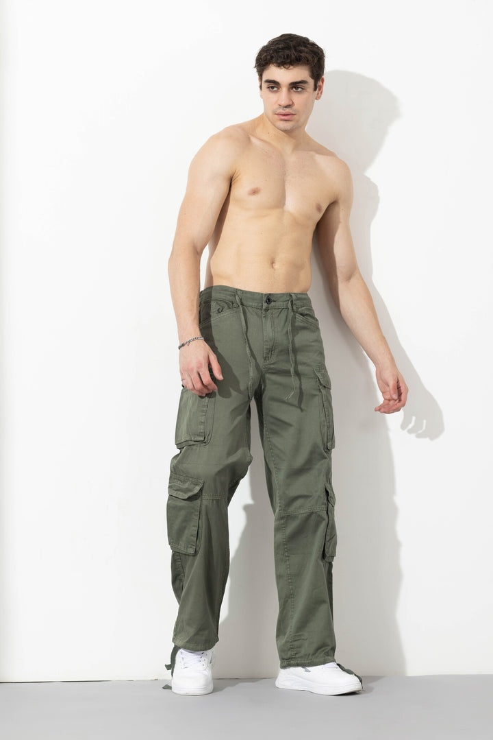 Olive Green Men Elasticated Waist Drawstring Closure Cargo Pant