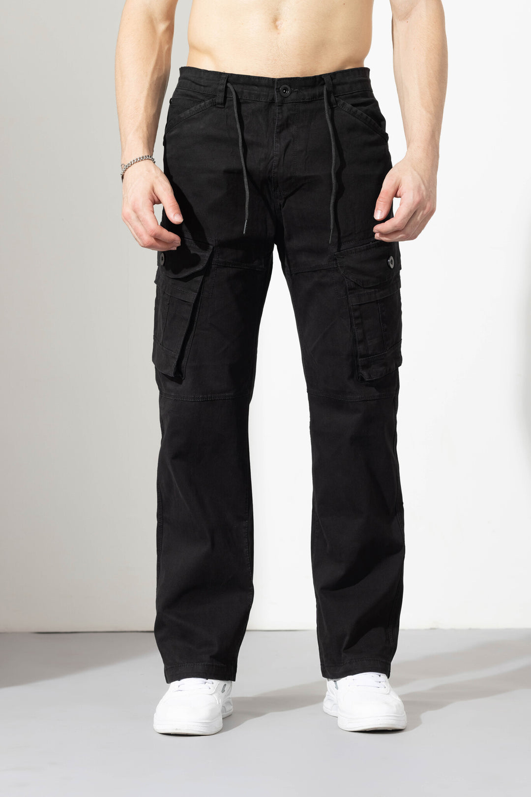 Black Drawstring Closure Multi Pocket Cargo Pants