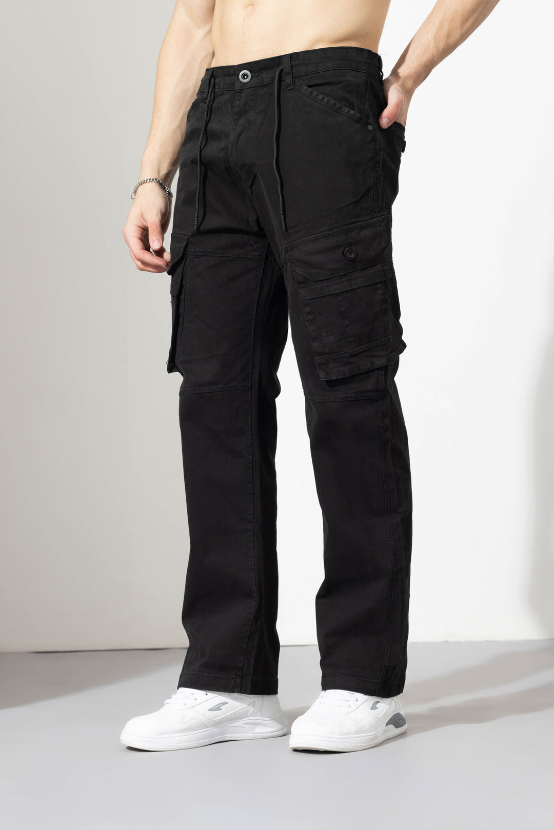 Black Drawstring Closure Multi Pocket Cargo Pants