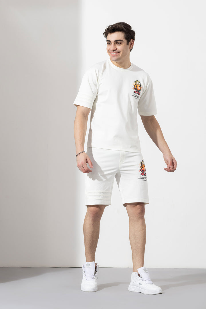 White Oversized Co-Ord Set with Printed Shorts