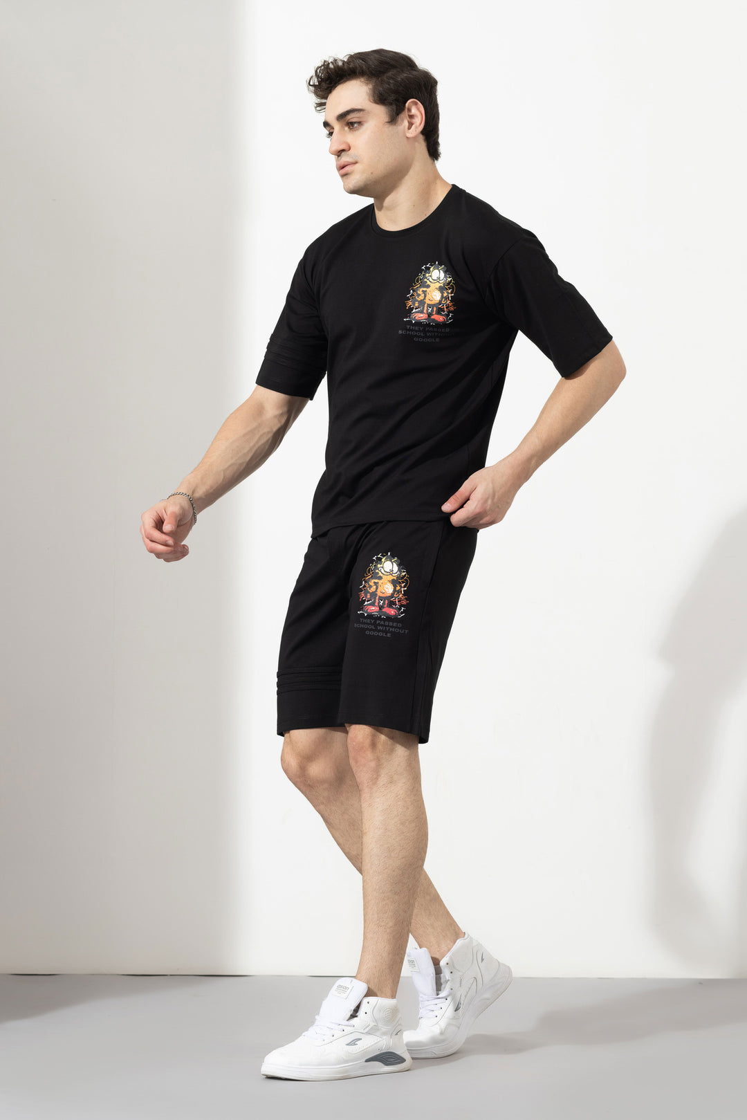 Black Men’s White Co-Ord Set with Printed Shorts