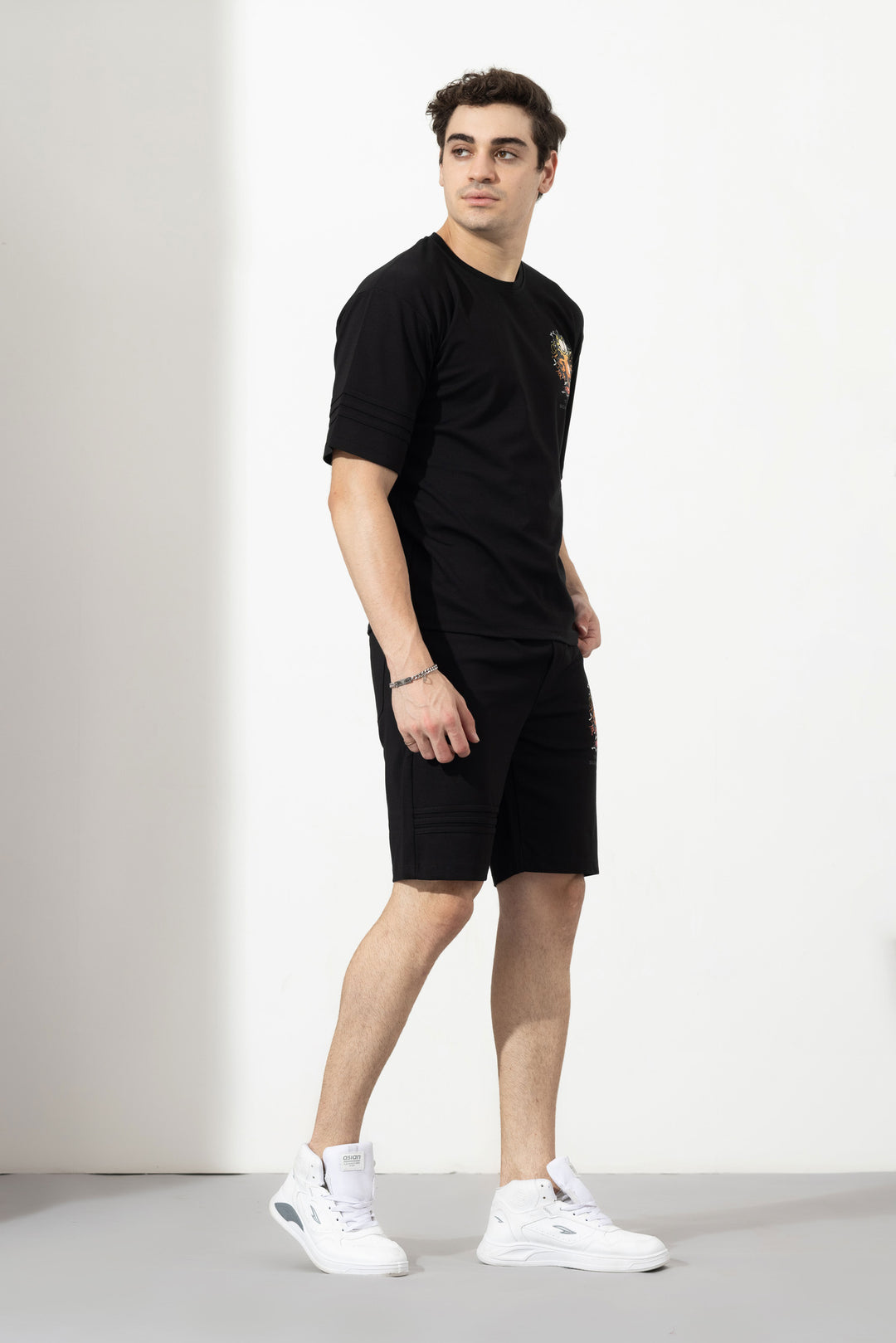 Black Men’s White Co-Ord Set with Printed Shorts