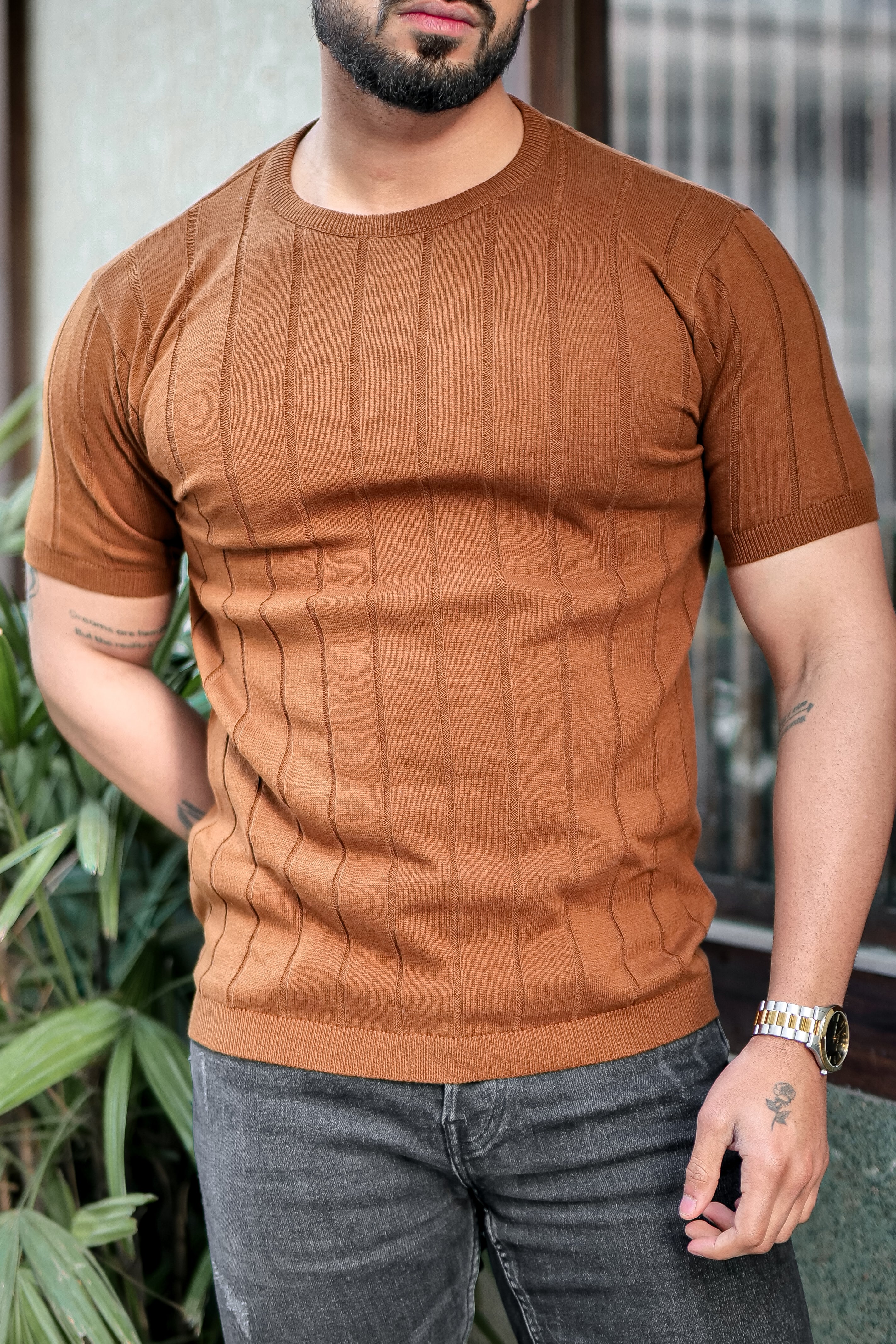 Brown Premium Flat knit Round Neck T-shirt