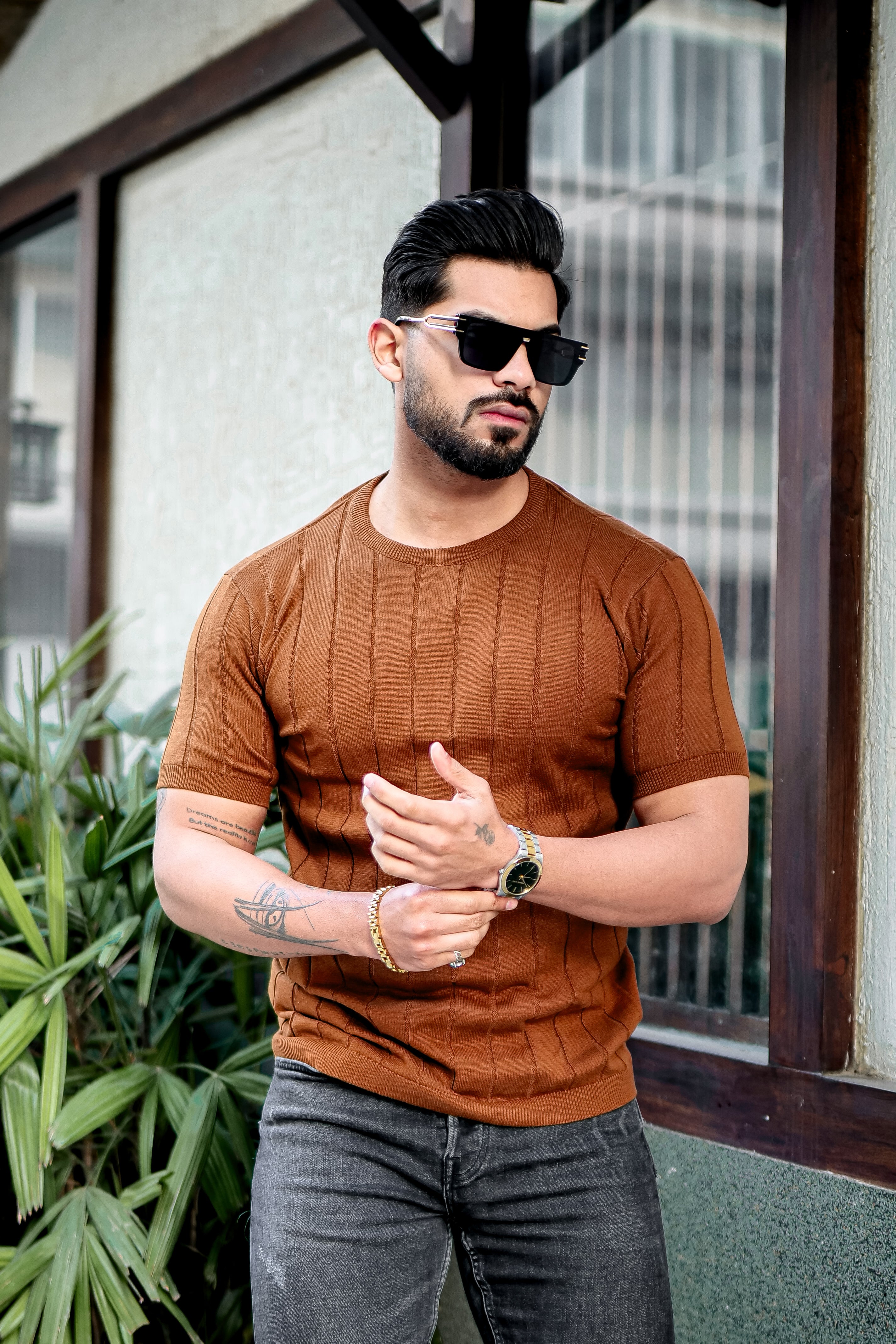 Brown Premium Flat knit Round Neck T-shirt