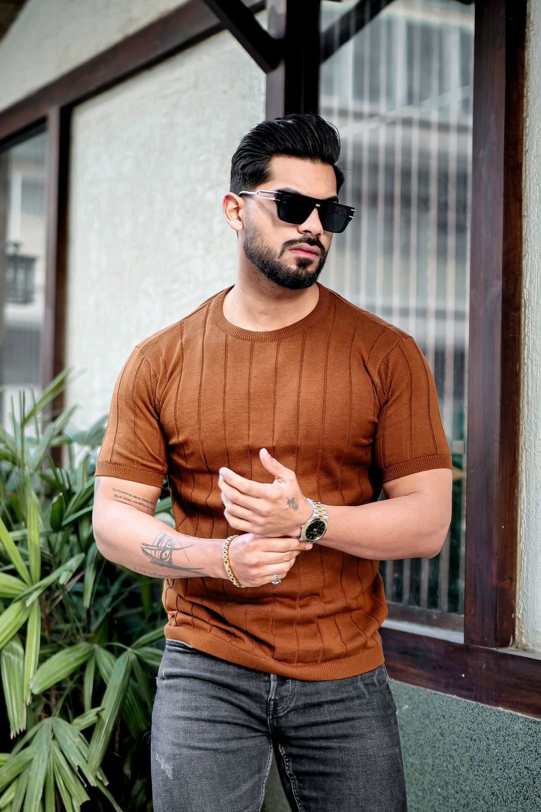 Brown Premium Flat knit Round Neck T-shirt