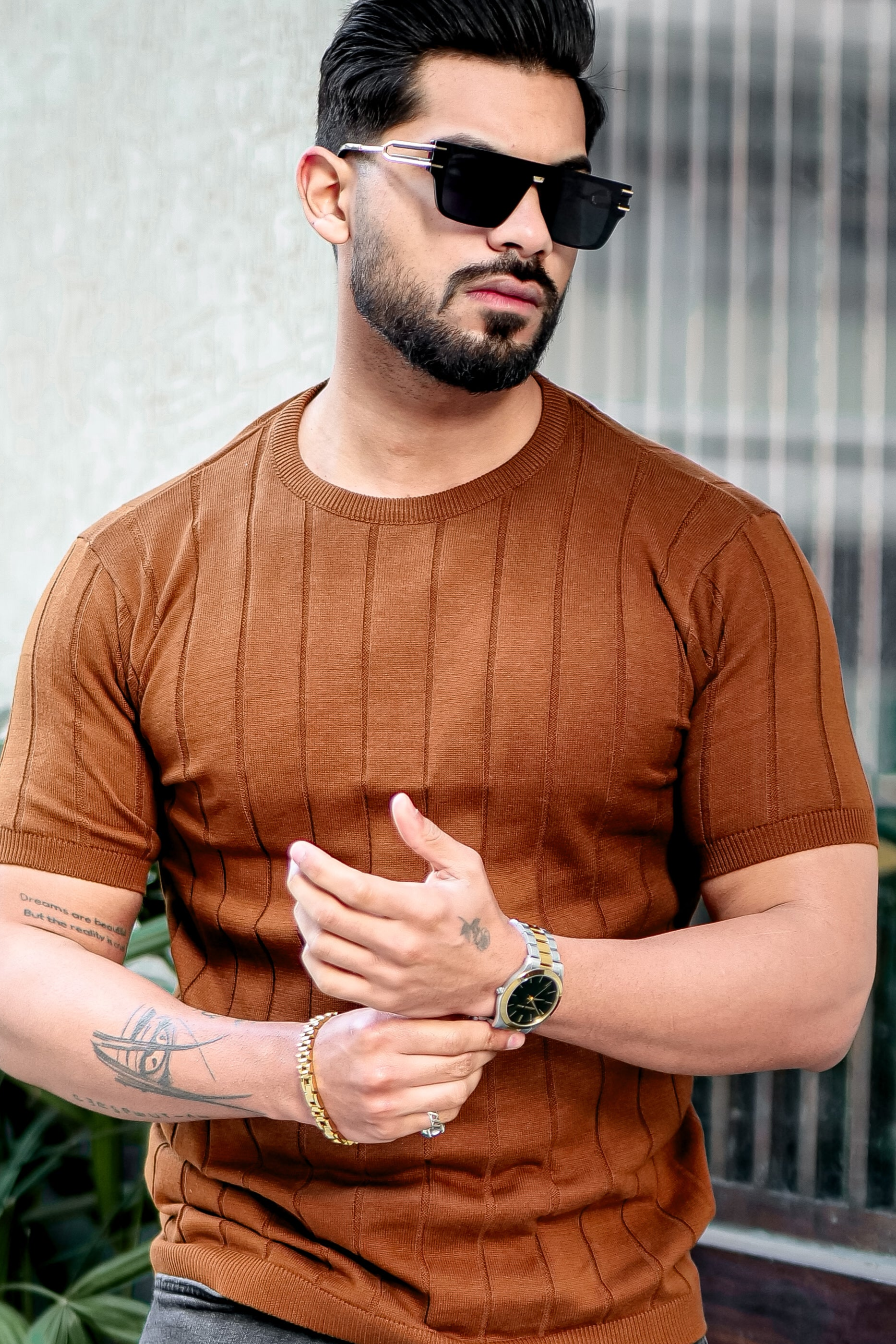 Brown Premium Flat knit Round Neck T-shirt