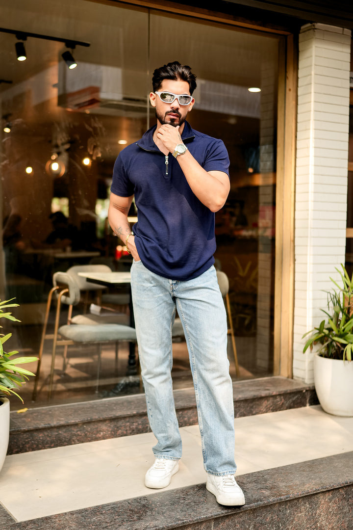 Navy Waffle Zipper T-Shirt