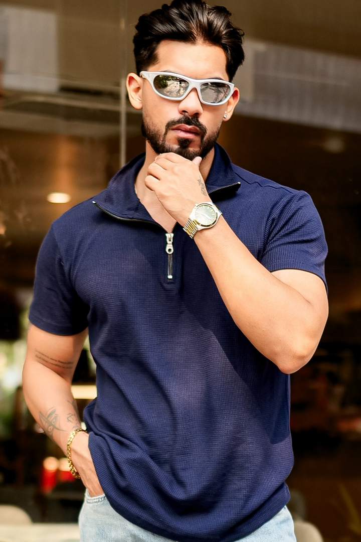 Navy Waffle Zipper T-Shirt
