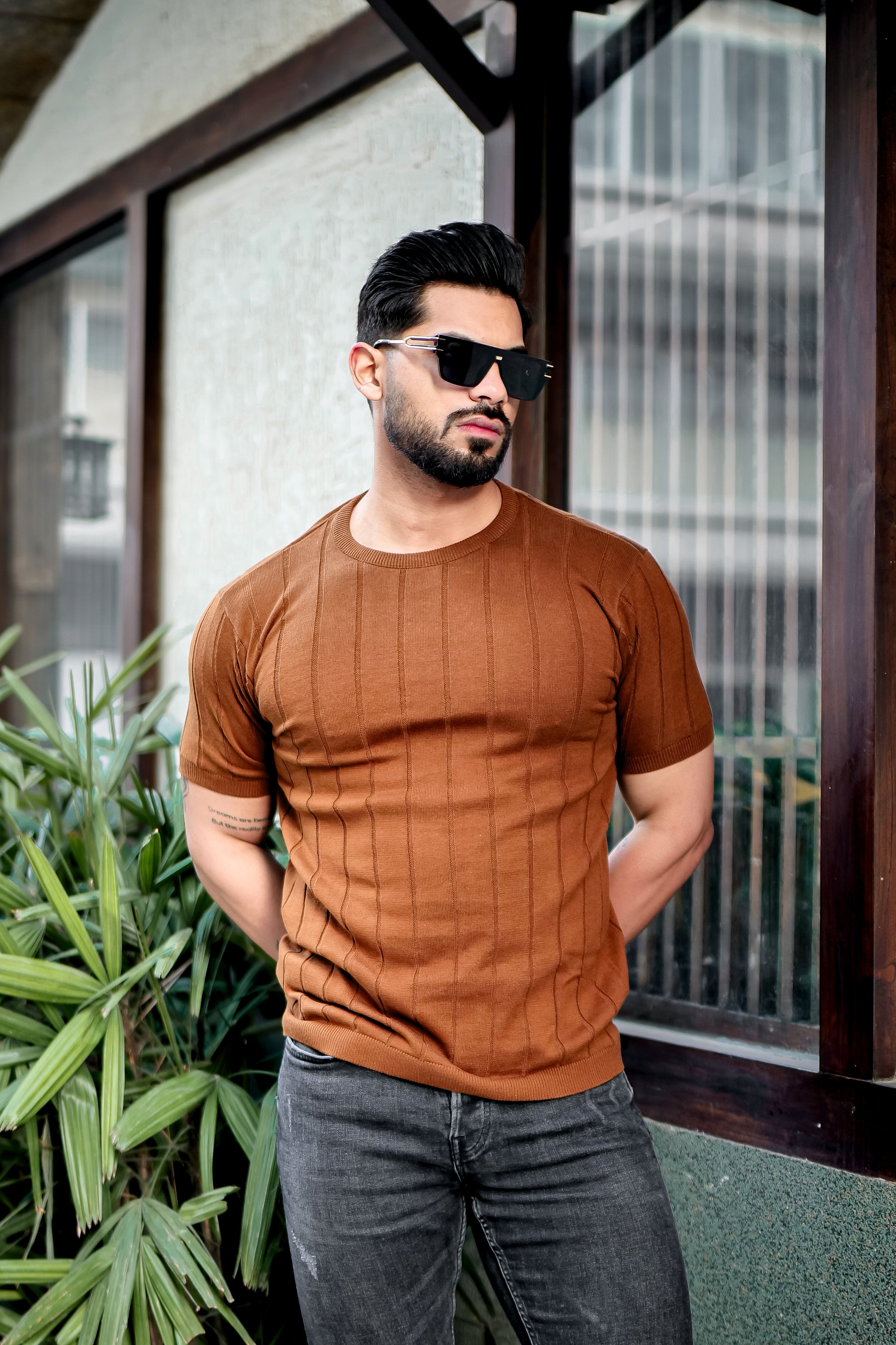 Brown Premium Flat knit Round Neck T-shirt