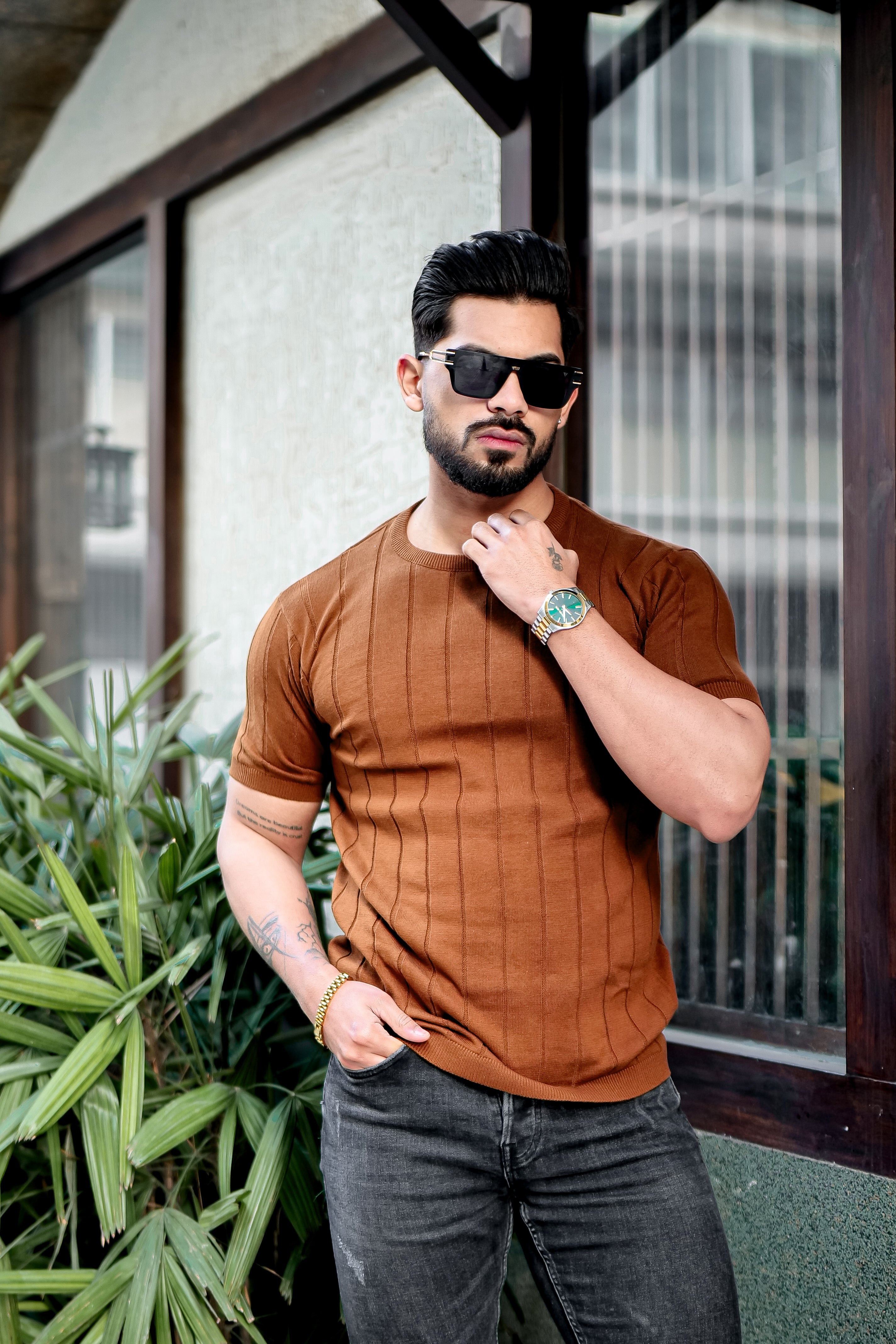 Brown Premium Flat knit Round Neck T-shirt