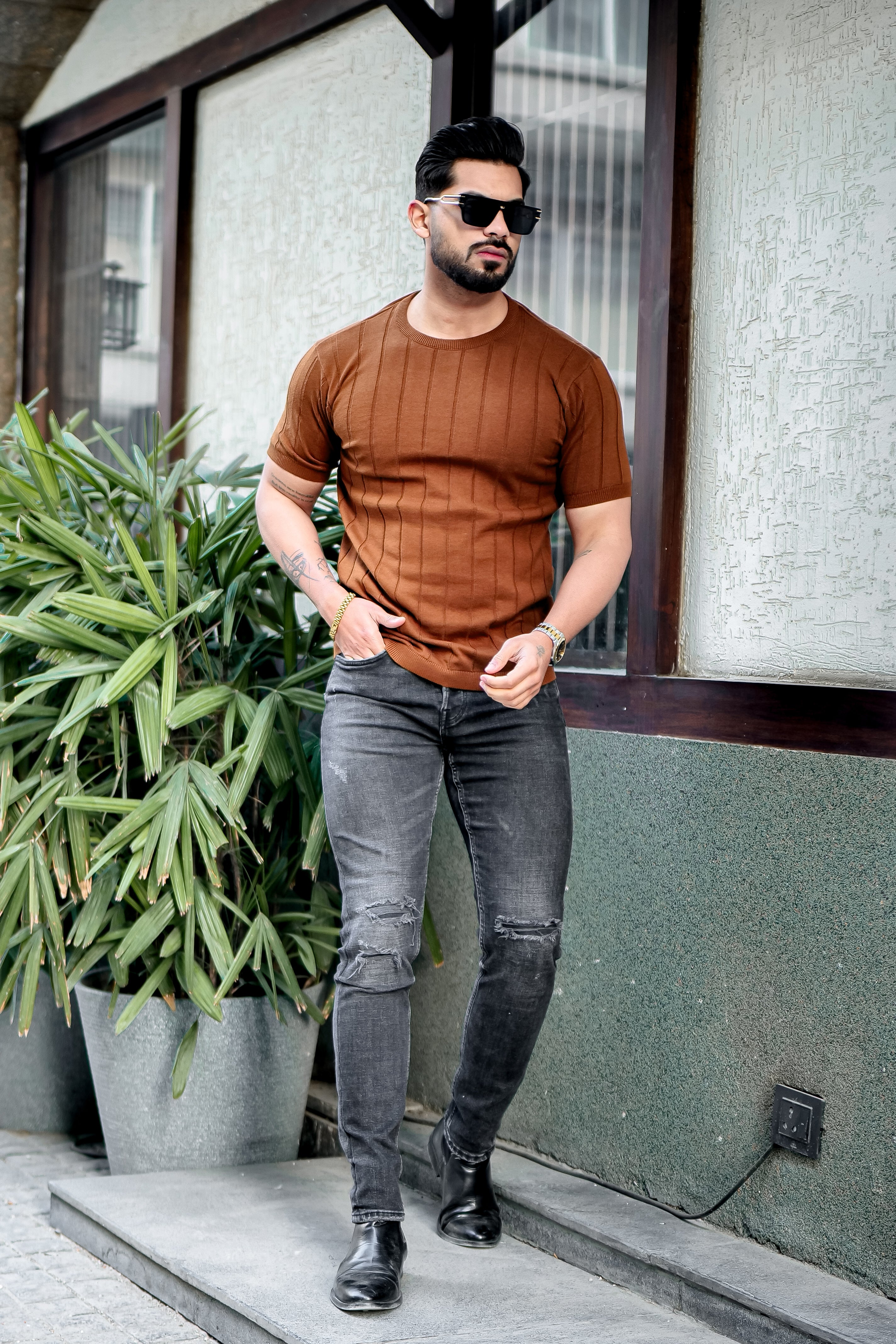 Brown Premium Flat knit Round Neck T-shirt