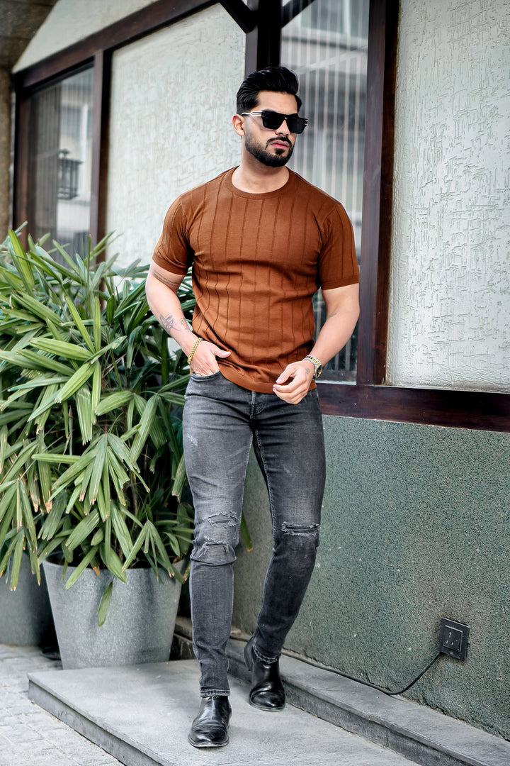 Brown Premium Flat knit Round Neck T-shirt
