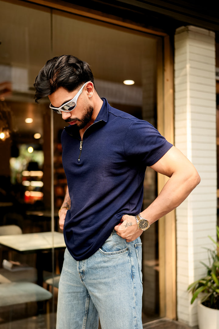 Navy Waffle Zipper T-Shirt