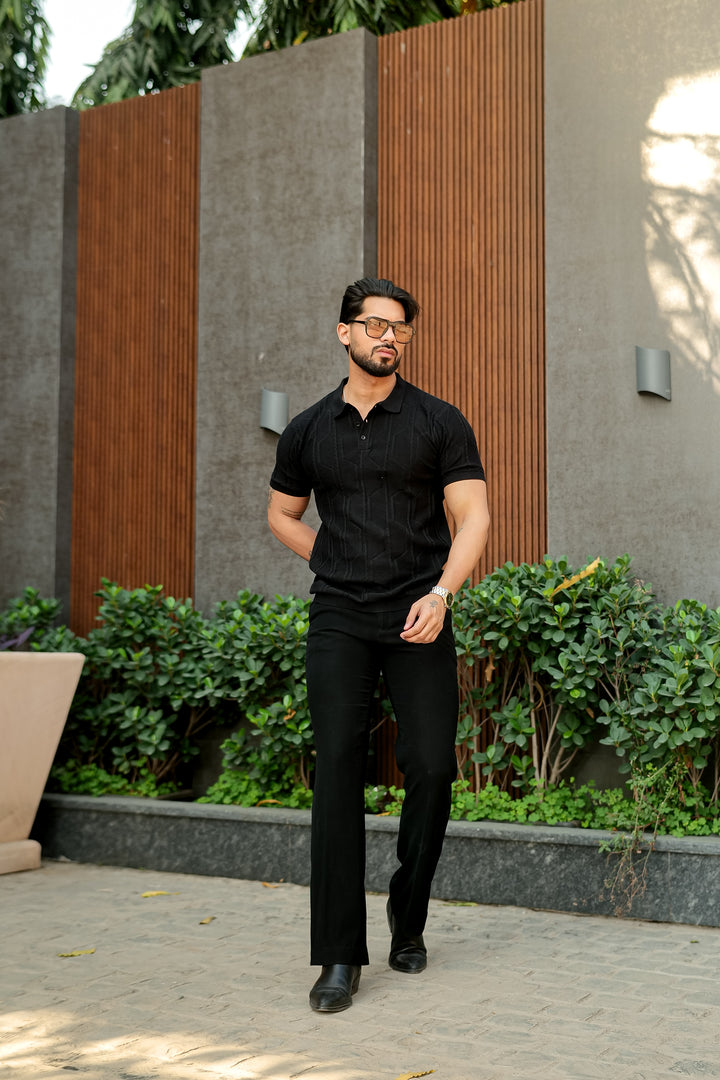 Black Premium Flat Knit Polo T-Shirt