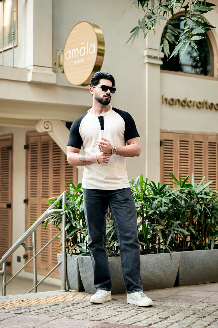 Cream Color Blocked Cotton Henley T-Shirt
