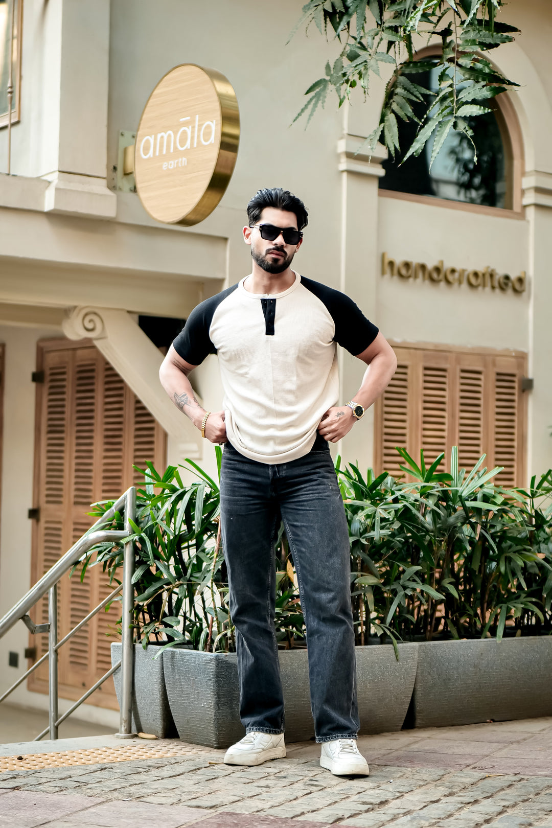 Cream Color Blocked Cotton Henley T-Shirt