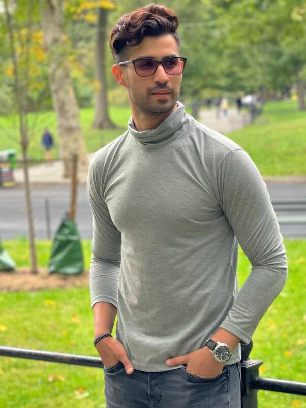 Grey Melange High Neck  Solid T-Shirt