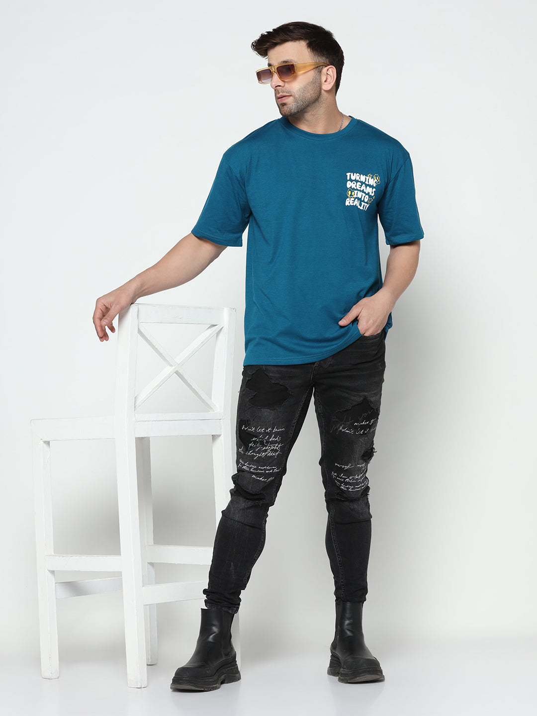 Oversized Teal Blue Printed T-Shirt