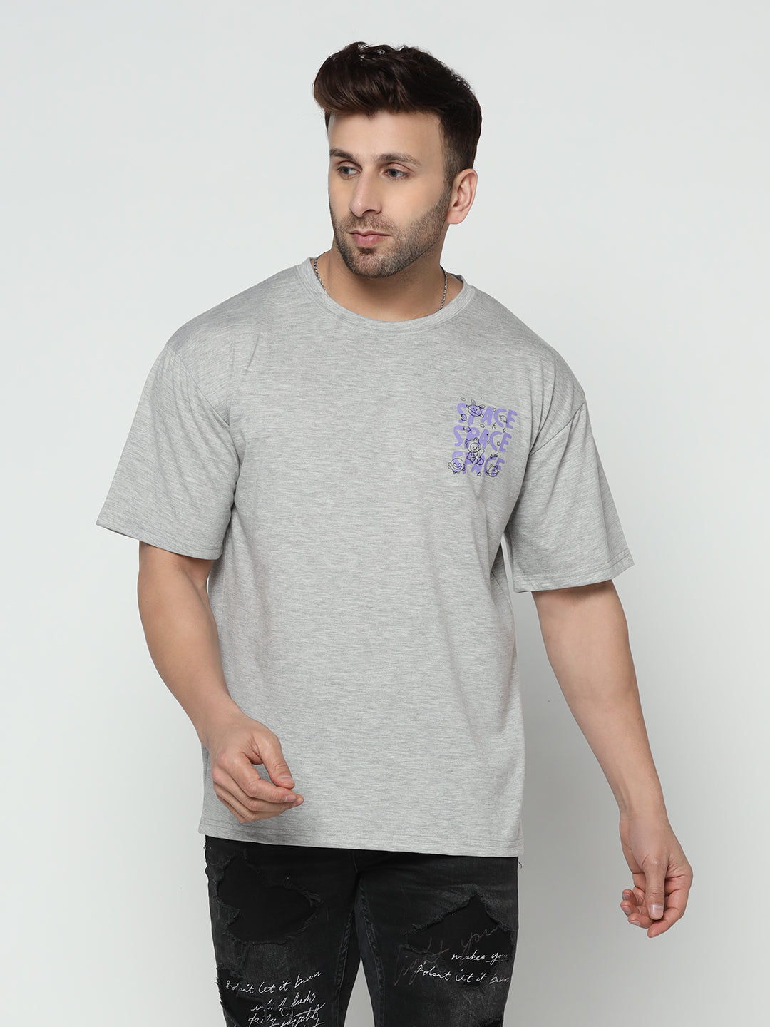 Oversized Grey Melange Printed T-Shirt