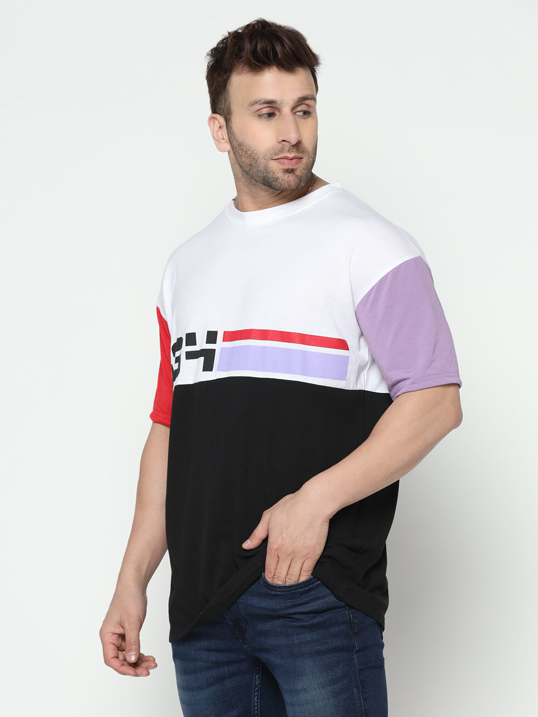 Oversized White & Black Half Sleeve Colorblocked T-Shirt