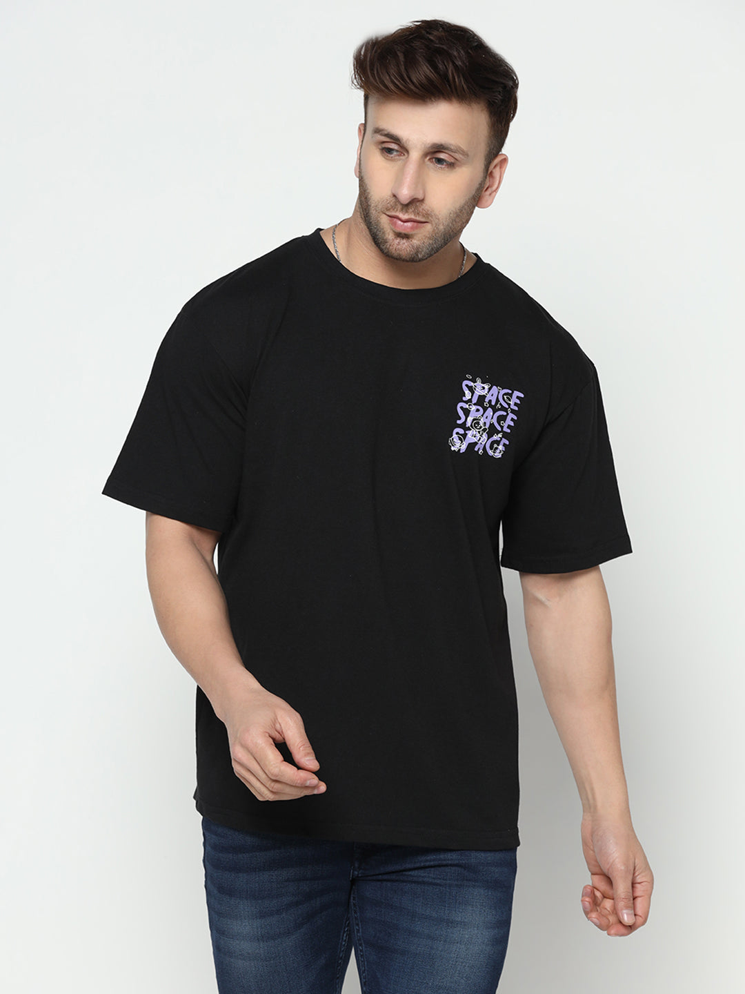 Oversized Black Half Sleeve Front and Back Space Printed T-Shirt