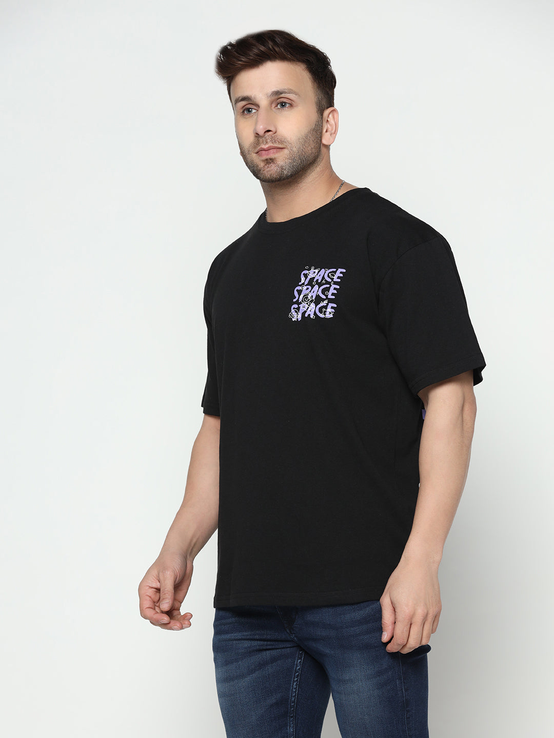 Oversized Black Half Sleeve Front and Back Space Printed T-Shirt