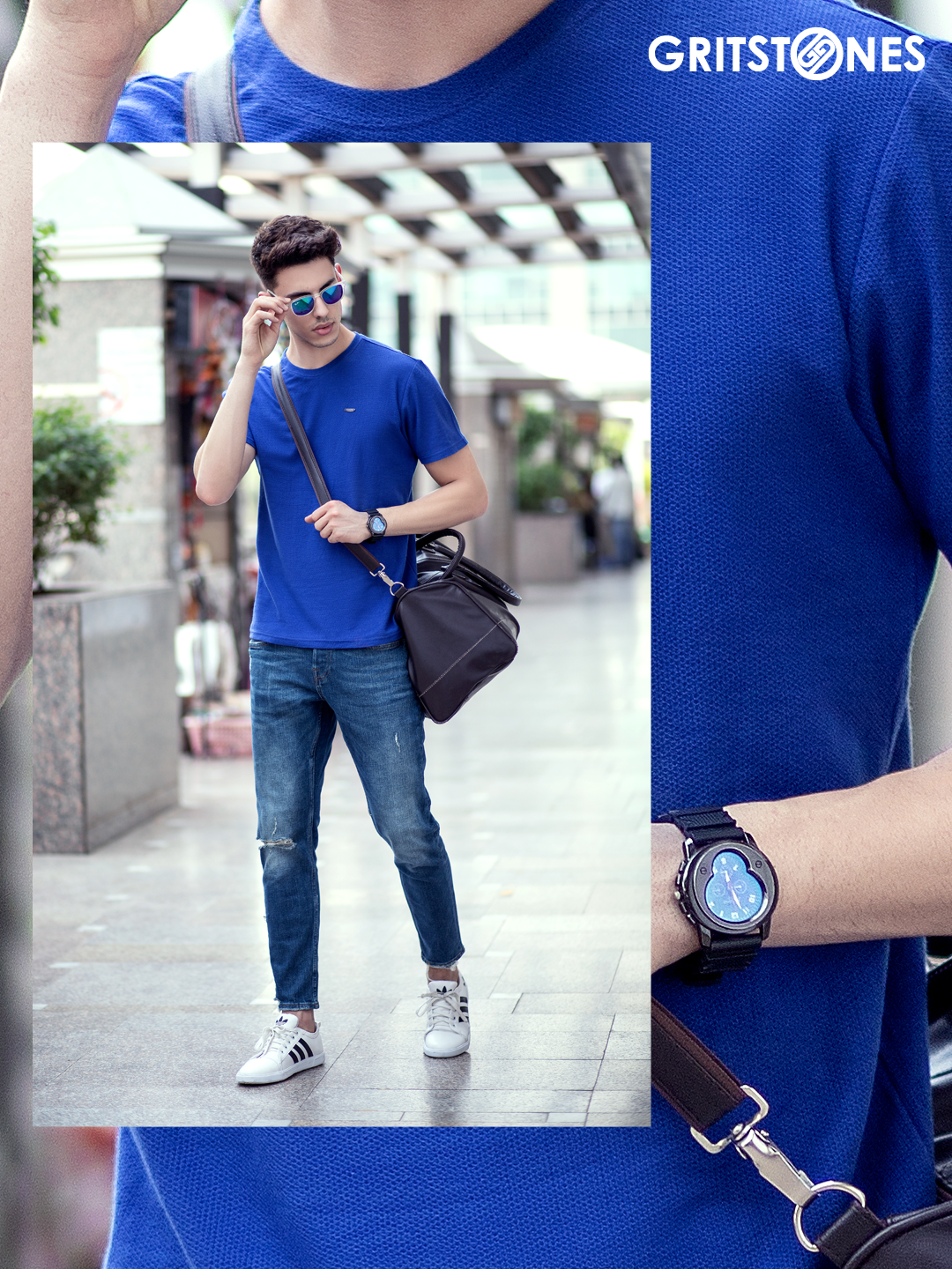 Royal Blue Half Sleeves Waffle Knit Round Neck T-Shirt