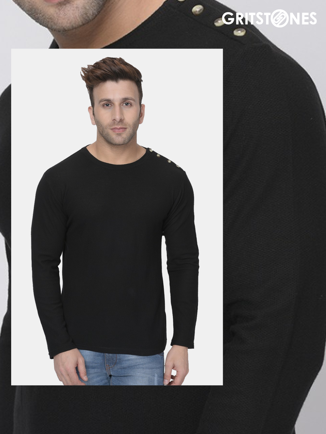 Black Full Sleeves Waffle Knit Crew Neck Side Button T-Shirt