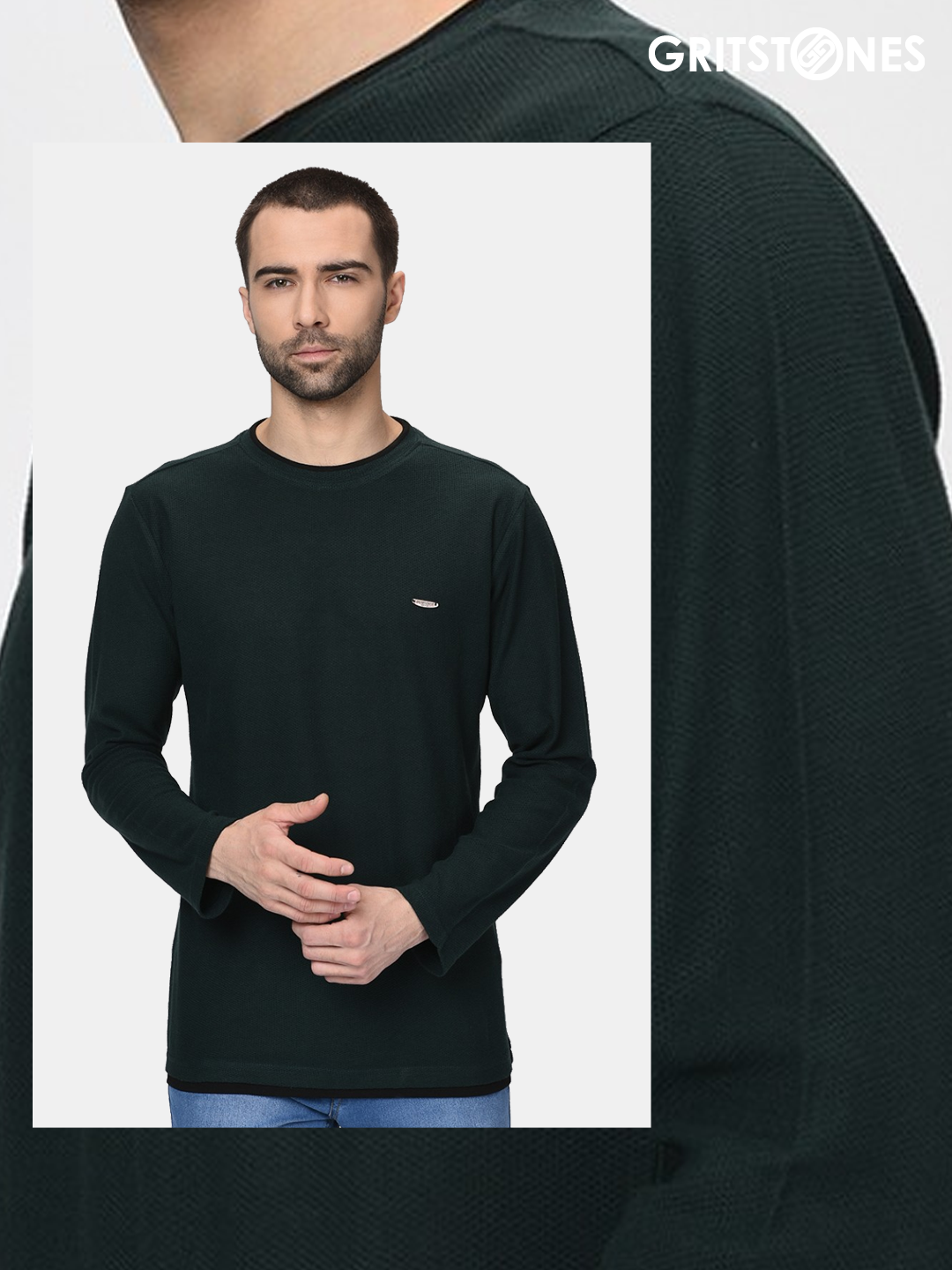 Dark Green Full Sleeves Waffle Knit Crew Neck With black Contrast Piping T-Shirt
