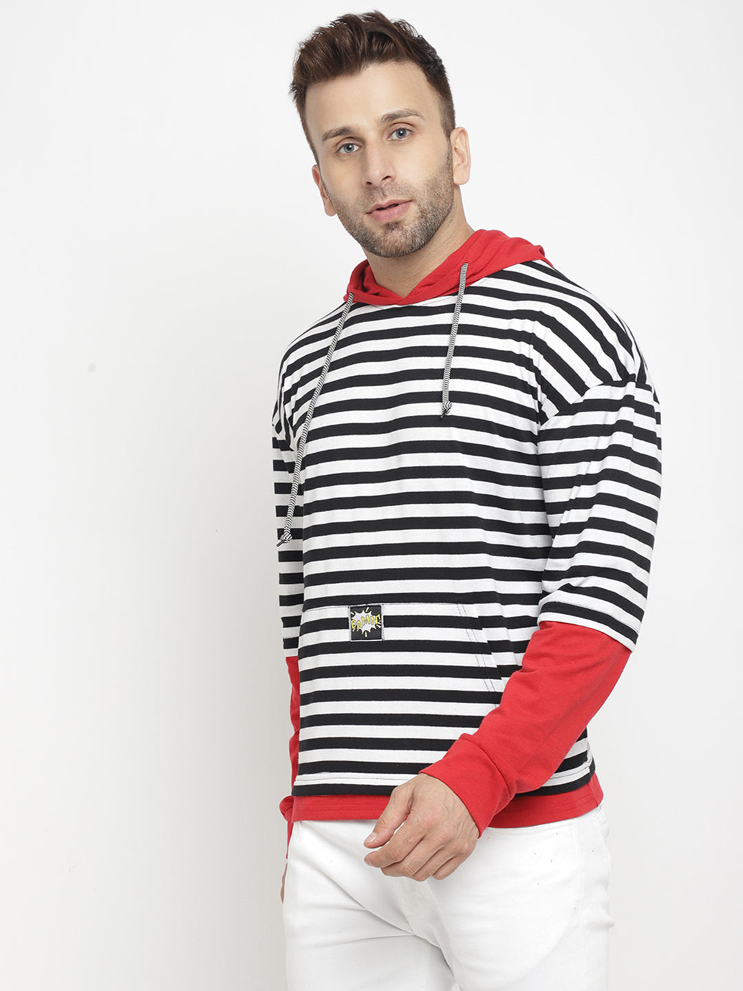 Hooded Full Sleeve Red & Black Color Striped Kangaroo Pocket  T-Shirt